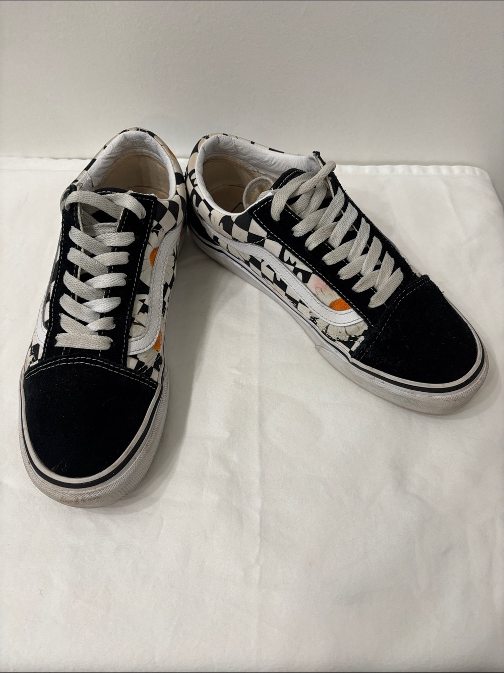 Vans Black & White Checkerboard Old Skool Sneakers with Forget me Knot Daisy